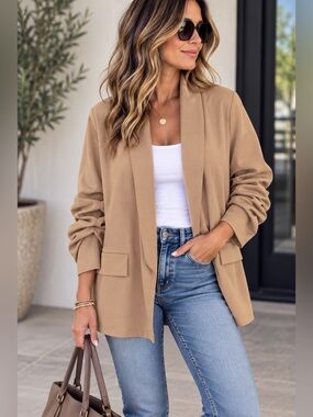 Made in Italy Camel Open Front Ruched Sleeve Blazer Large